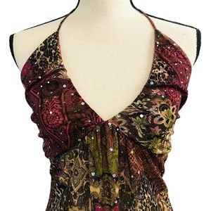 FANG Tops - Fang Brown % Burgundy Sequin Halter Top FANG Tops - Fang Brown % Burgundy Sequin Halter Top